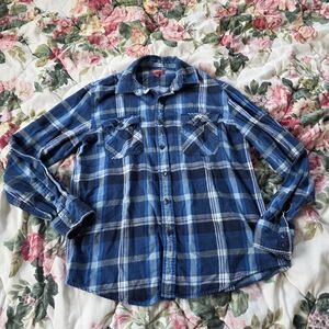 Arizona Jeans Blue Plaid Flannel Shirt M 100% Cotton